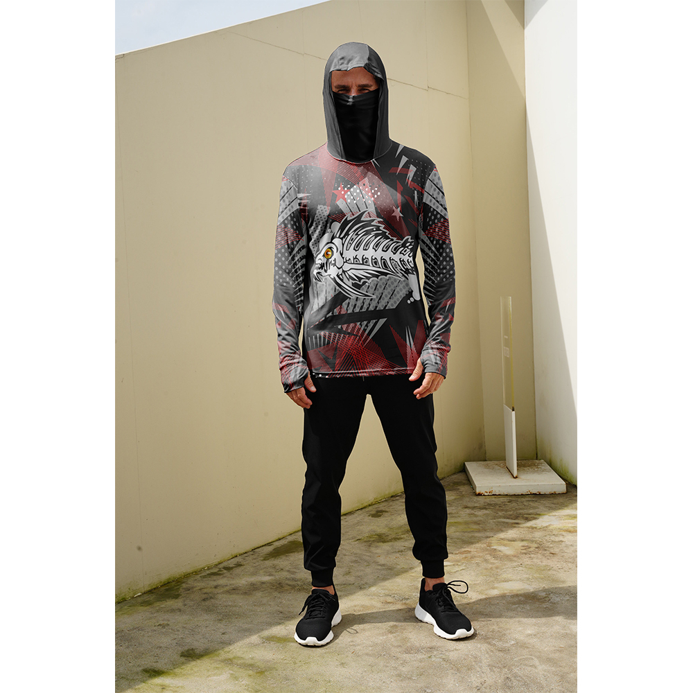 Men Fish Print Fishing Hoodie  - Fishing Mask Sun Protection 评论和价格